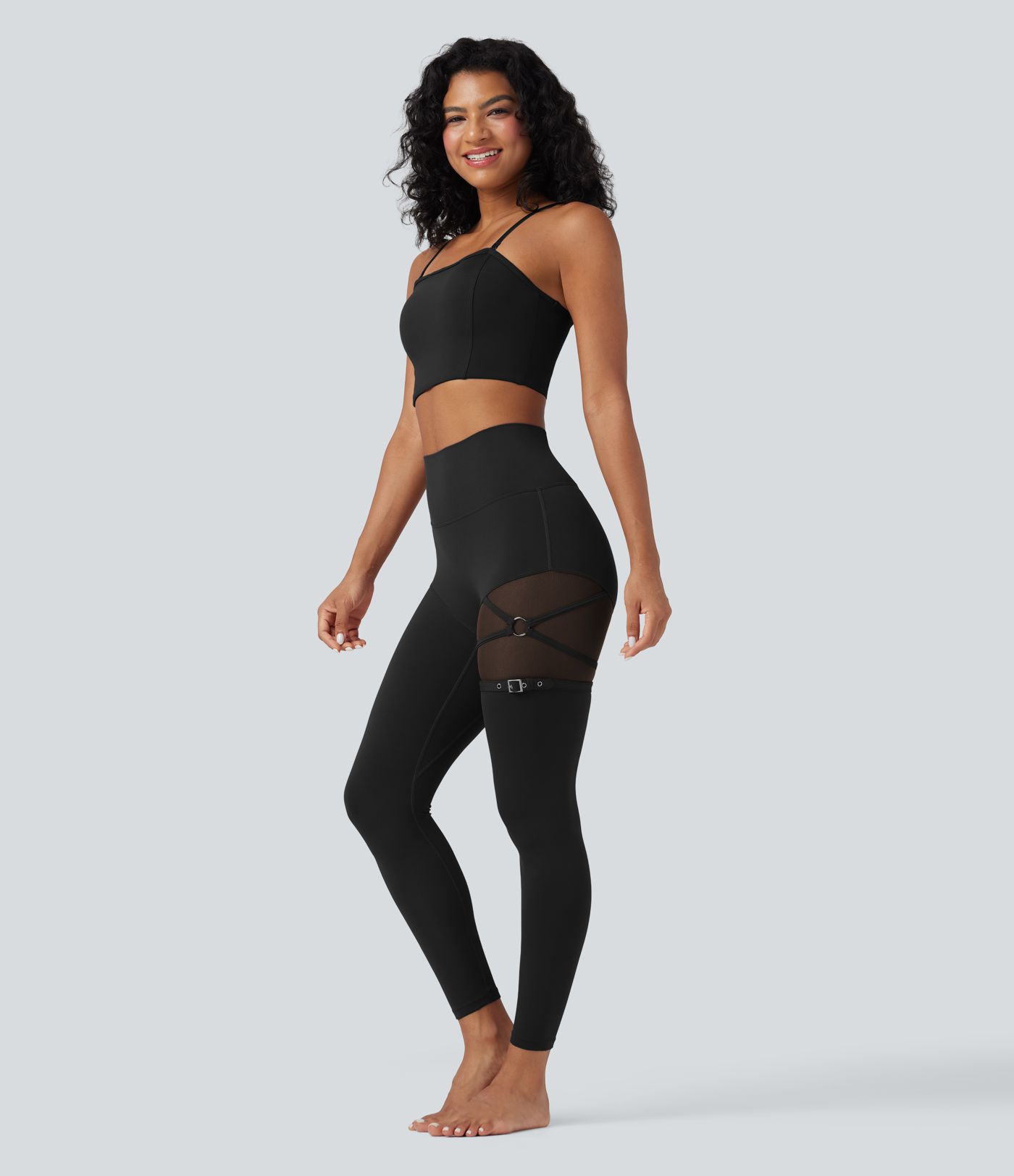 SoftlyZero™ High Waisted Contrast Mesh Adjustable Buckle Dance Leggings with Pocket-UPF50+
