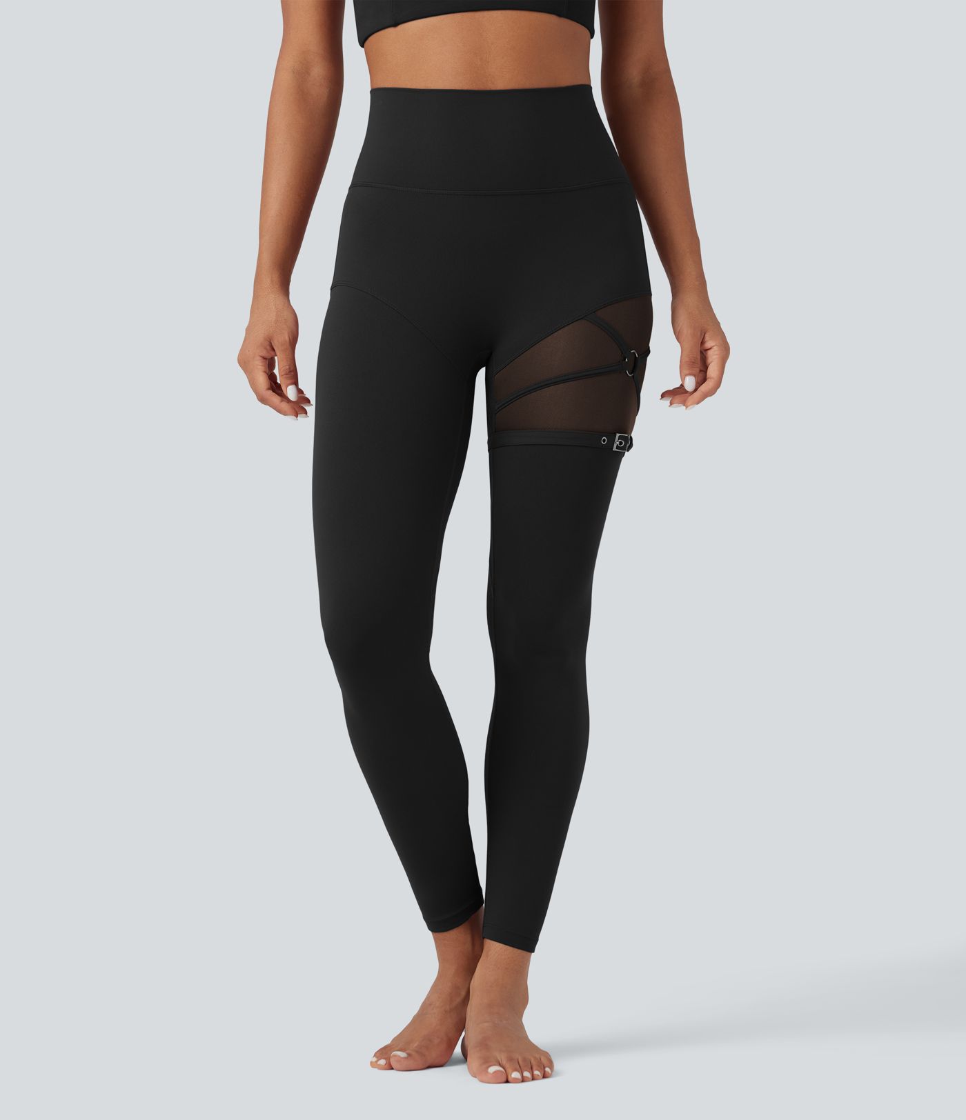 SoftlyZero™ High Waisted Contrast Mesh Adjustable Buckle Dance Leggings with Pocket-UPF50+