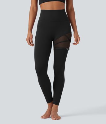 SoftlyZero™ High Waisted Contrast Mesh Adjustable Buckle Dance Leggings with Pocket-UPF50+