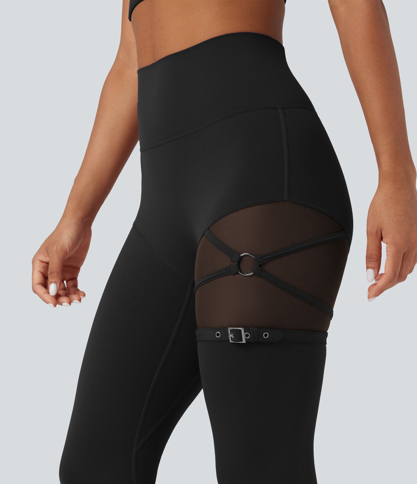 SoftlyZero™ High Waisted Contrast Mesh Adjustable Buckle Dance Leggings with Pocket-UPF50+