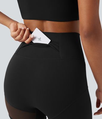 SoftlyZero™ High Waisted Contrast Mesh Adjustable Buckle Dance Leggings with Pocket-UPF50+