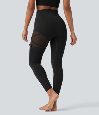SoftlyZero™ High Waisted Contrast Mesh Adjustable Buckle Dance Leggings with Pocket-UPF50+