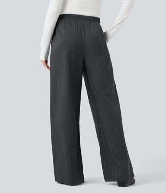 Freizeithose mit hohem Bund, Seitentaschen, Kordelzug, Streifen und weitem Bein