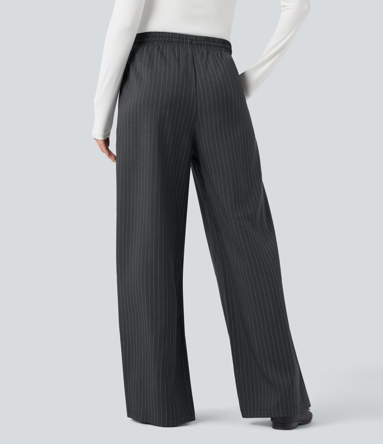 High Waisted Drawstring Wide Leg Stripe Casual Pants with Pockets