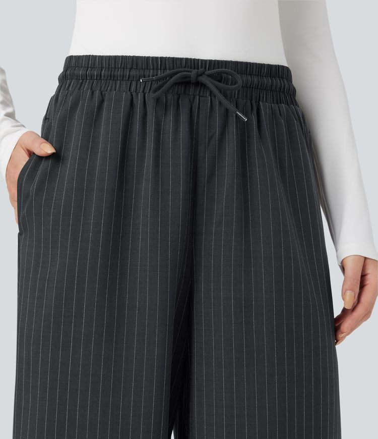 Freizeithose mit hohem Bund, Seitentaschen, Kordelzug, Streifen und weitem Bein