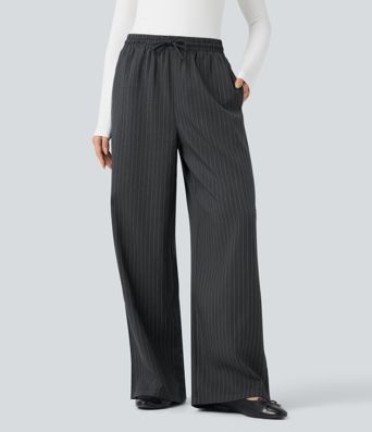 Freizeithose mit hohem Bund, Seitentaschen, Kordelzug, Streifen und weitem Bein