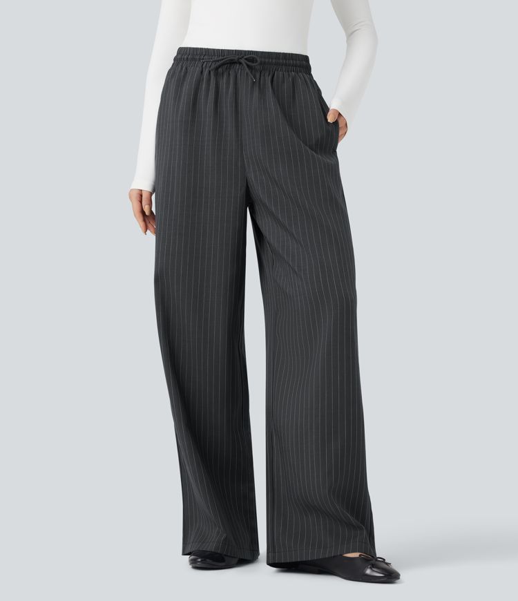 Freizeithose mit hohem Bund, Seitentaschen, Kordelzug, Streifen und weitem Bein