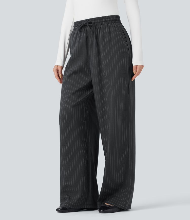 High Waisted Drawstring Wide Leg Stripe Casual Pants with Pockets