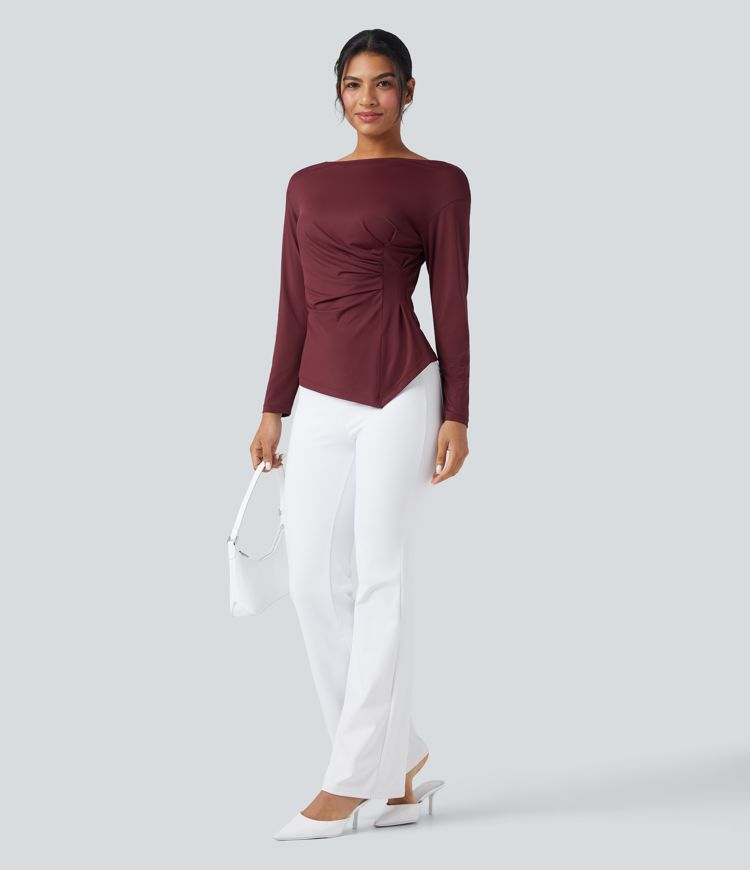 Boat Neck Long Sleeve Ruched Asymmetrical Hem Slim Work Blouse