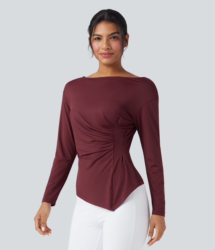 Boat Neck Long Sleeve Ruched Asymmetrical Hem Slim Work Blouse