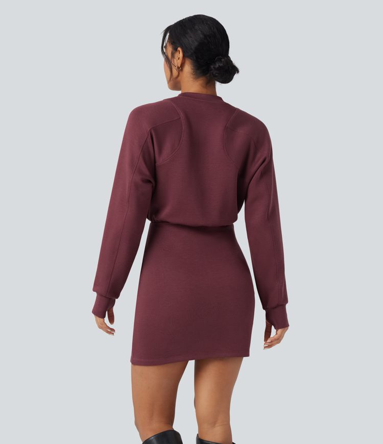 SpacerTek™ Velvet Round Neck Long Sleeve Thumb Hole Mini Casual Dress with Pockets