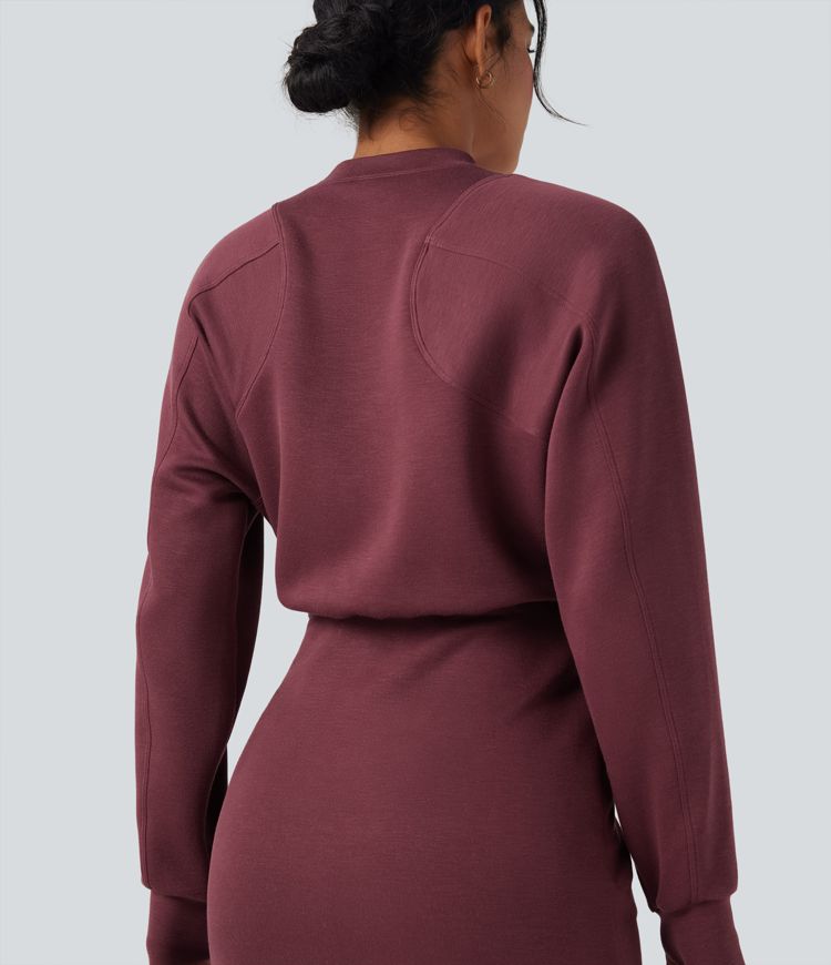 SpacerTek™ Velvet Round Neck Long Sleeve Thumb Hole Mini Casual Dress with Pockets