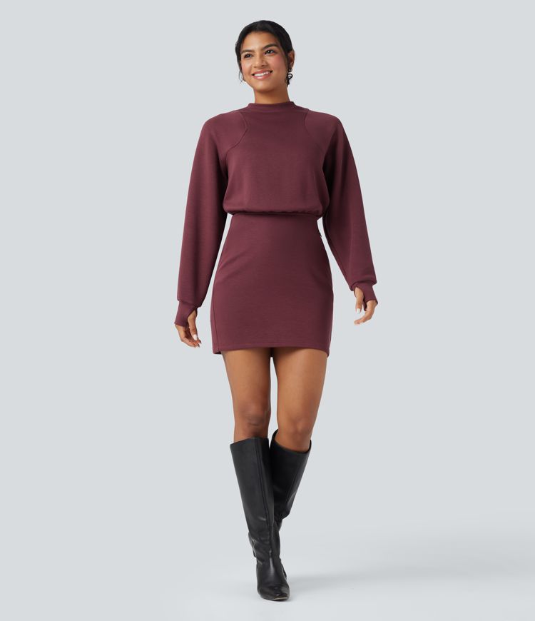 SpacerTek™ Velvet Round Neck Long Sleeve Thumb Hole Mini Casual Dress with Pockets