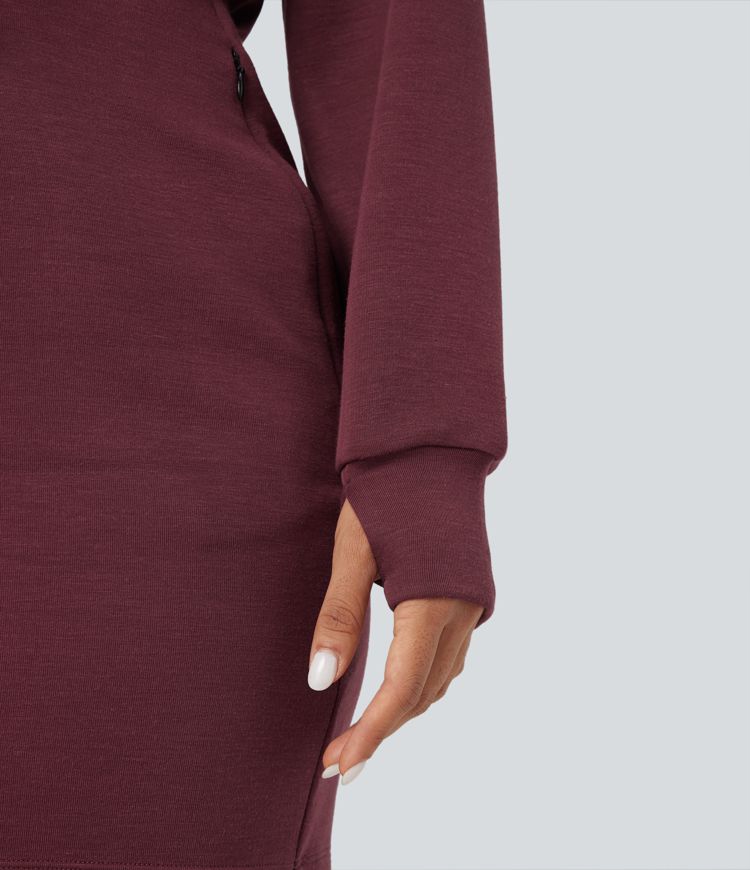 SpacerTek™ Velvet Round Neck Long Sleeve Thumb Hole Mini Casual Dress with Pockets