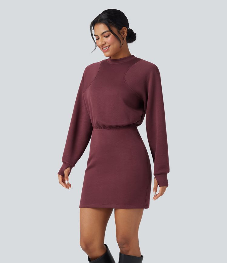 SpacerTek™ Velvet Round Neck Long Sleeve Thumb Hole Mini Casual Dress with Pockets
