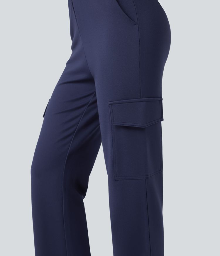 Pantalon cargo gainant droit, taille haute, avec poches