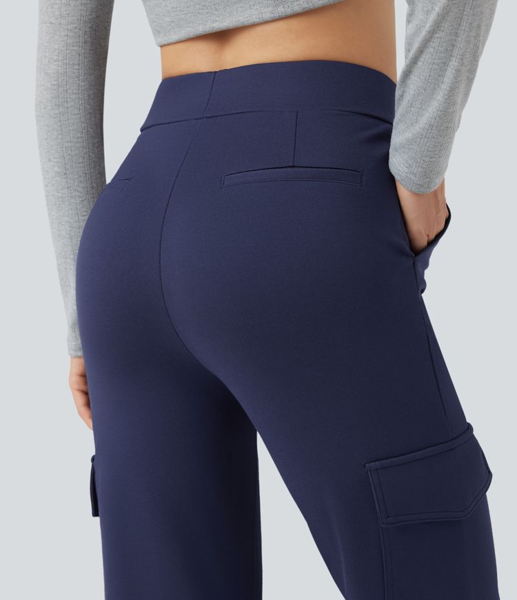 Pantalon cargo gainant droit, taille haute, avec poches