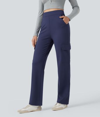 High Waisted Tummy Control Straight Leg Casual Cargo Pants with Pockets