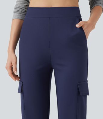 High Waisted Tummy Control Straight Leg Casual Cargo Pants with Pockets