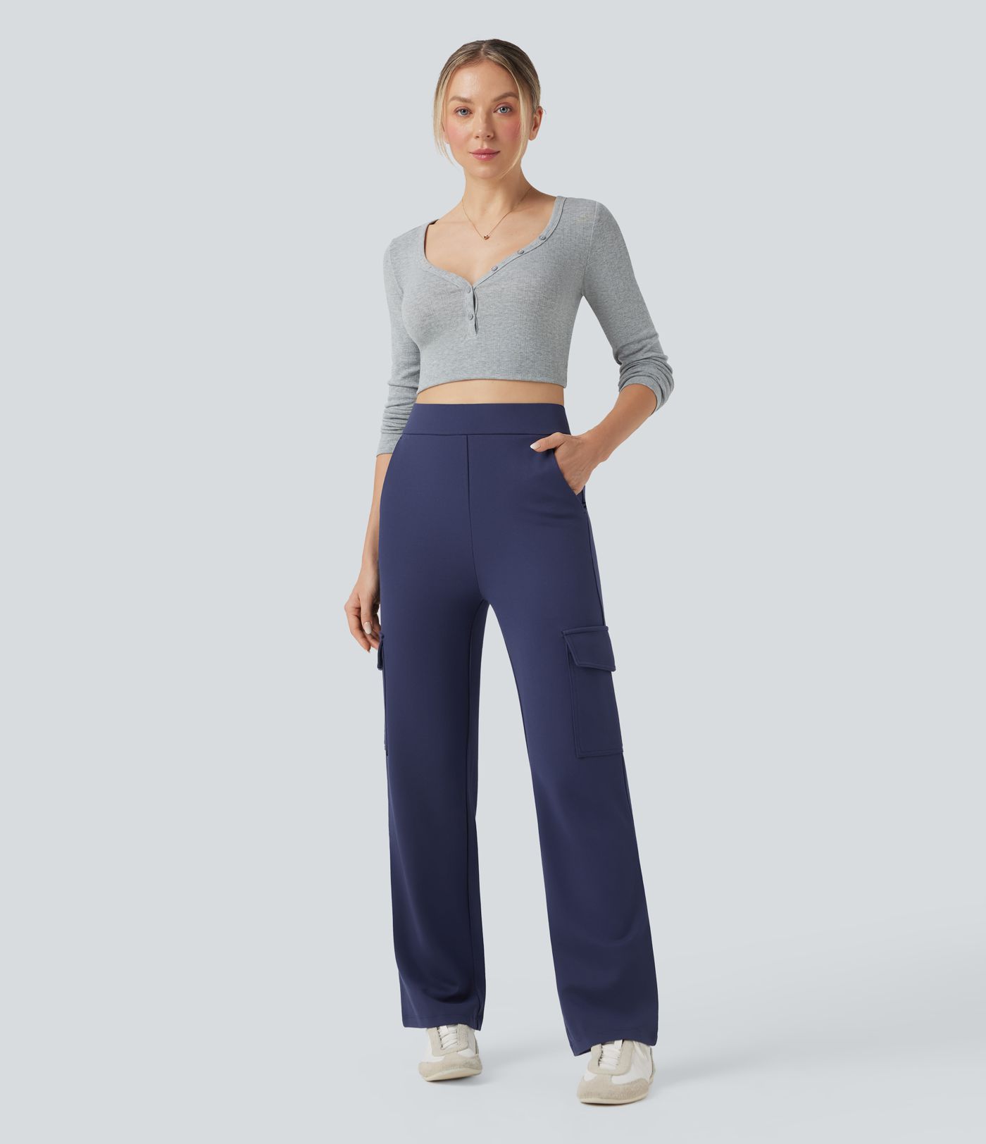 High Waisted Tummy Control Straight Leg Casual Cargo Pants with Pockets