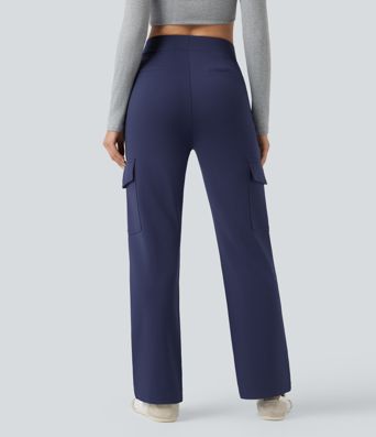 High Waisted Tummy Control Straight Leg Casual Cargo Pants with Pockets