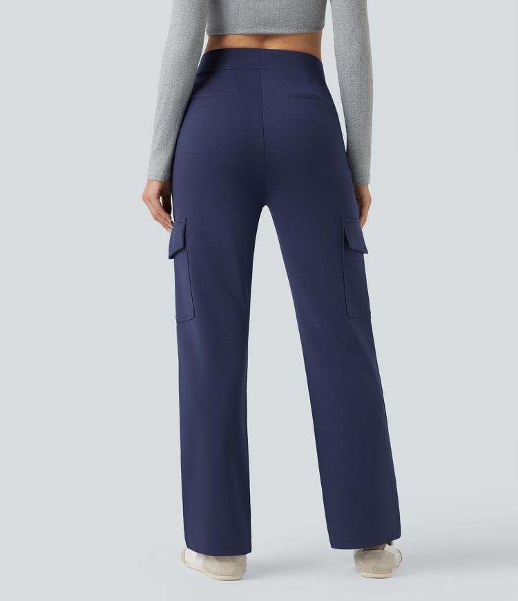 Pantalon cargo gainant droit, taille haute, avec poches