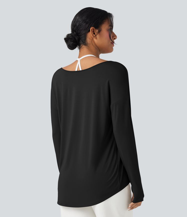 T-shirt décontracté col V profond manches longues à trous pouces coupe décontractée - Réversible devant et dos