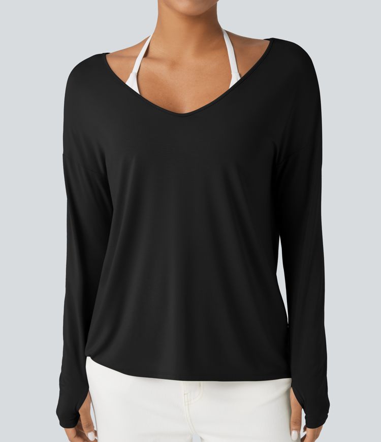 T-shirt décontracté col V profond manches longues à trous pouces coupe décontractée - Réversible devant et dos