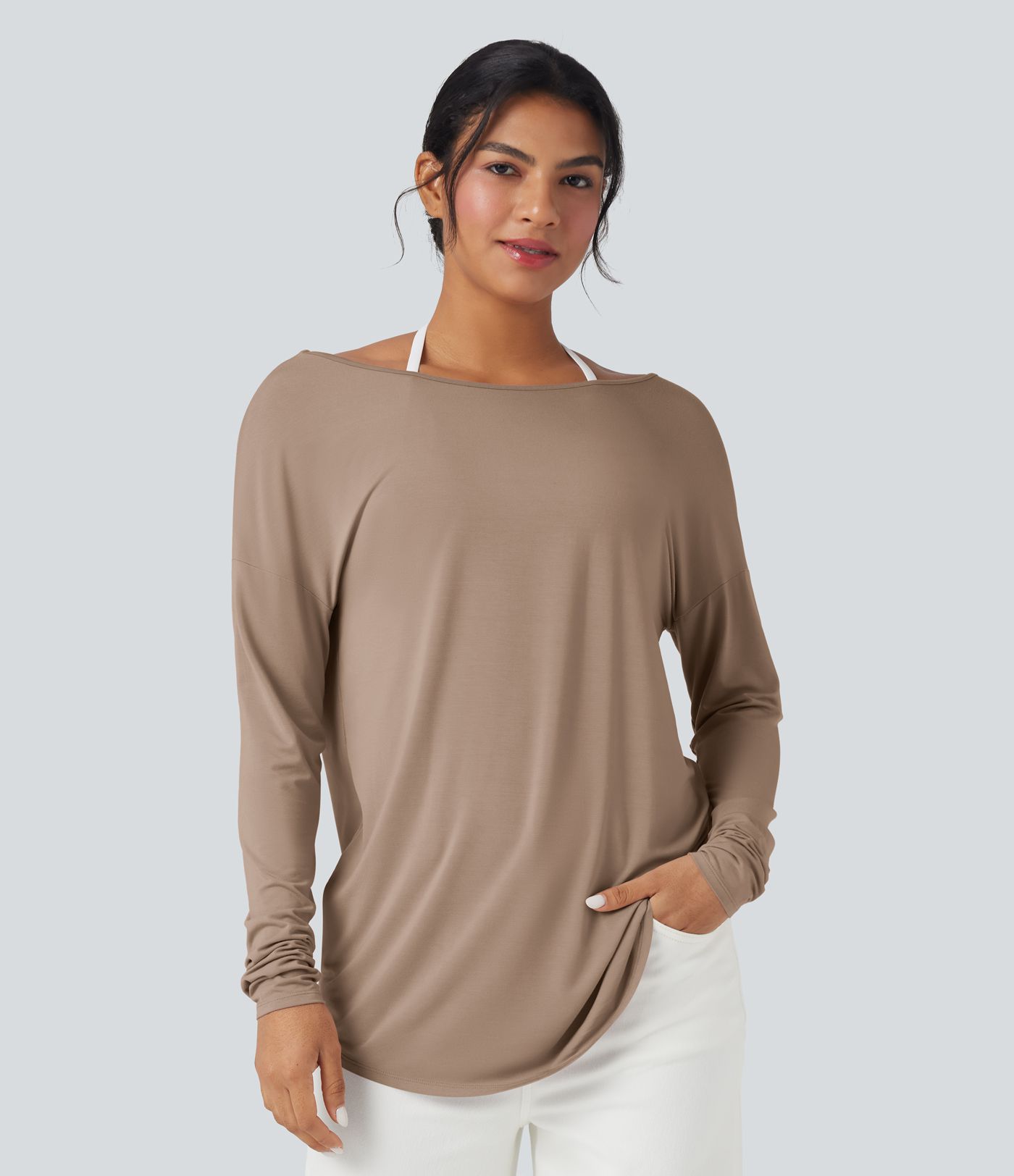 Deep V-neck Long Sleeve Thumb Holes Relaxed T-Shirt-Front and Back Wearable