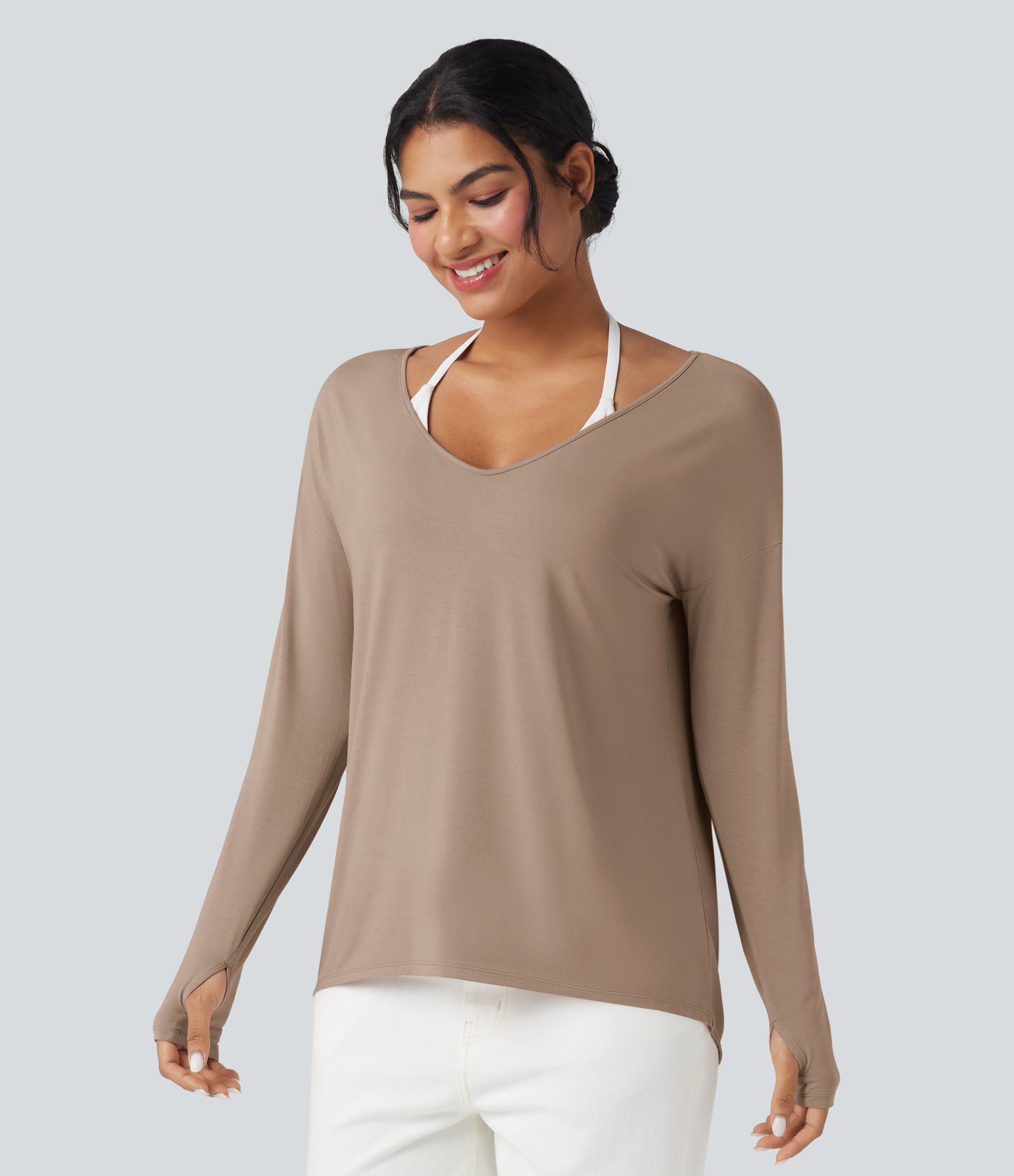 Deep V-neck Long Sleeve Thumb Holes Relaxed T-Shirt-Front and Back Wearable