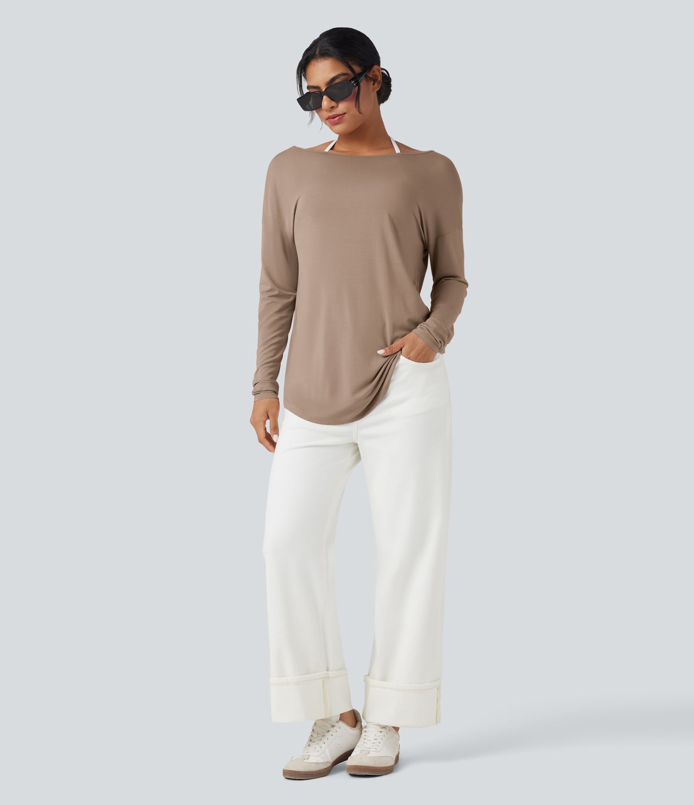 Deep V-neck Long Sleeve Thumb Holes Relaxed T-Shirt-Front and Back Wearable