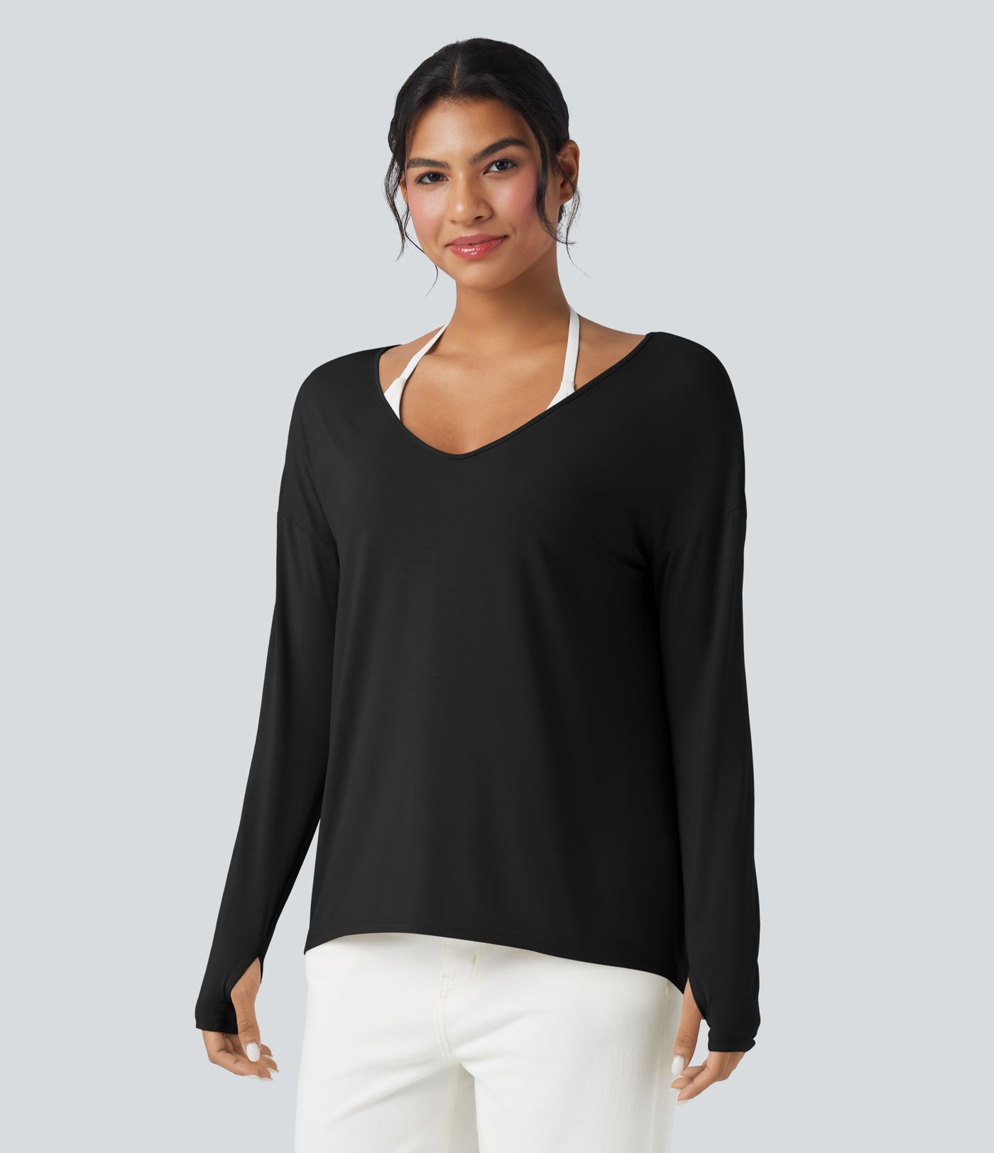 T-shirt décontracté col V profond manches longues à trous pouces coupe décontractée - Réversible devant et dos