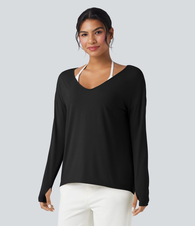 T-shirt décontracté col V profond manches longues à trous pouces coupe décontractée - Réversible devant et dos