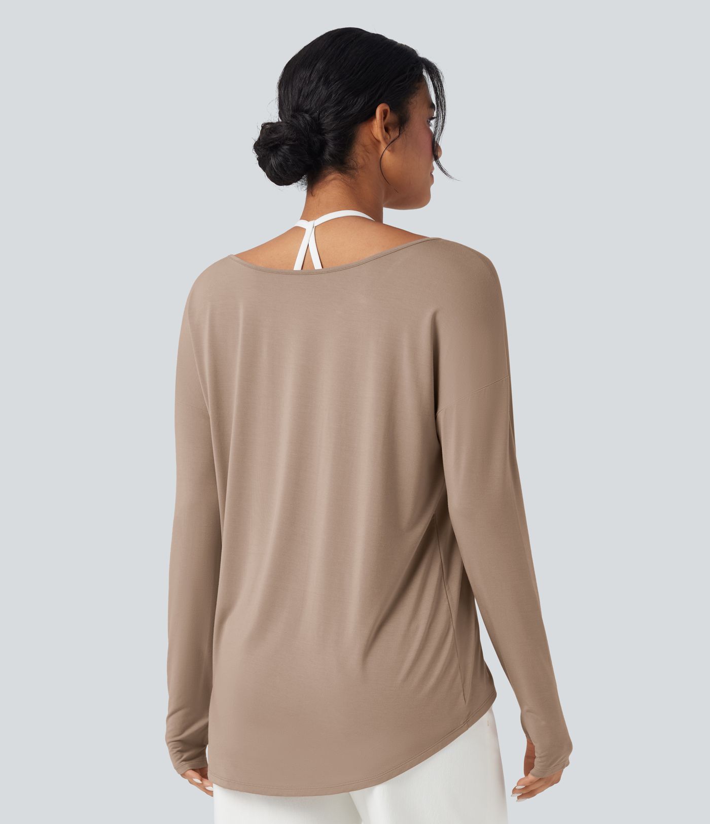 Deep V-neck Long Sleeve Thumb Holes Relaxed T-Shirt-Front and Back Wearable