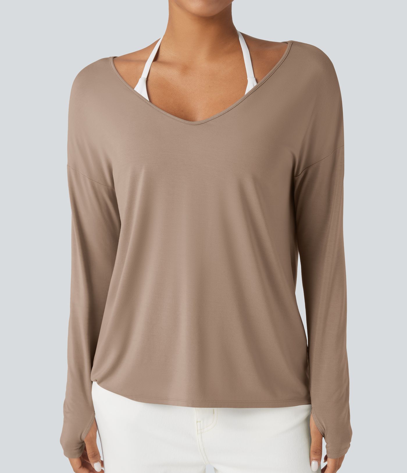 Deep V-neck Long Sleeve Thumb Holes Relaxed T-Shirt-Front and Back Wearable