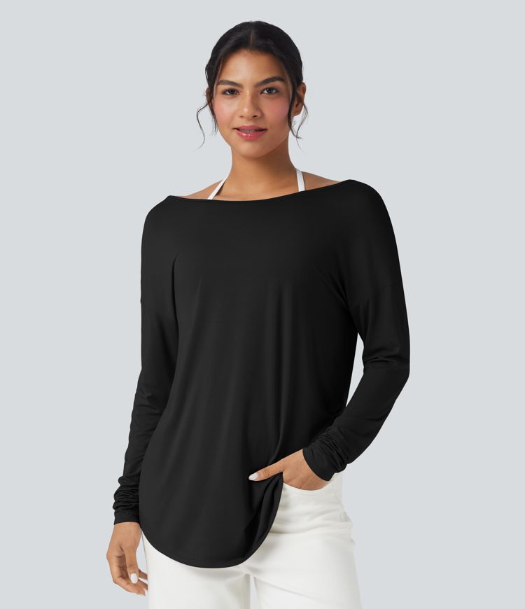 T-shirt décontracté col V profond manches longues à trous pouces coupe décontractée - Réversible devant et dos