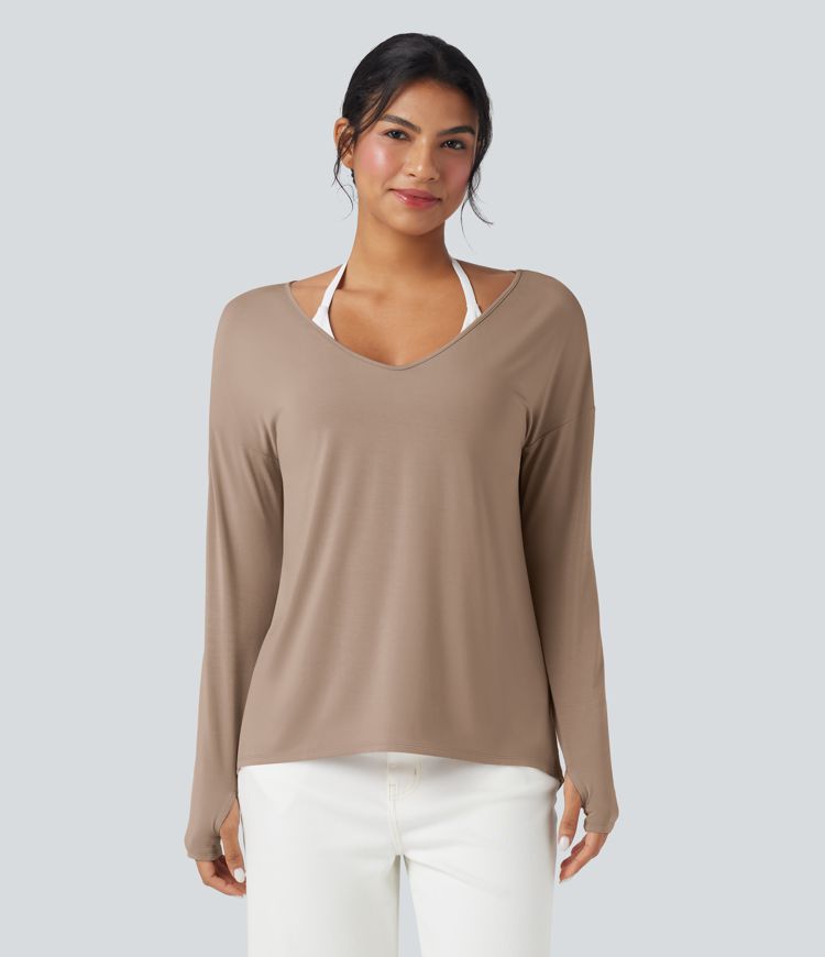 Natural Deep V-neck Long Sleeve Thumb Holes Relaxed T-Shirt-Front and Back Wearable / 1