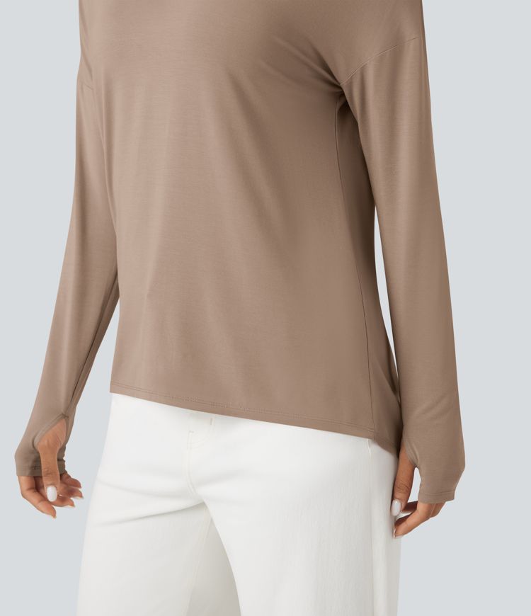 Deep V-neck Long Sleeve Thumb Holes Relaxed T-Shirt-Front and Back Wearable