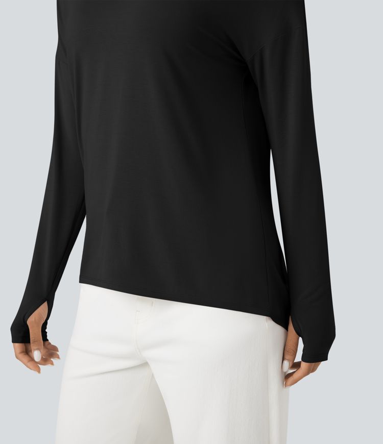 T-shirt décontracté col V profond manches longues à trous pouces coupe décontractée - Réversible devant et dos