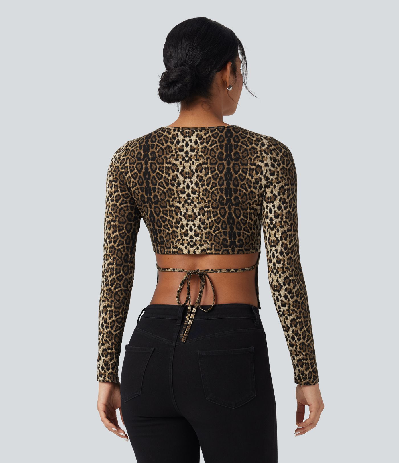 Round Neck Long Sleeve Tie Back Leopard Print Slim Casual Top