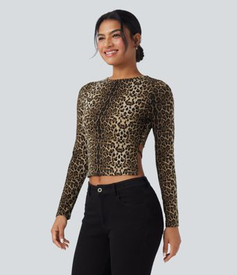 Round Neck Long Sleeve Tie Back Leopard Print Slim Casual Top
