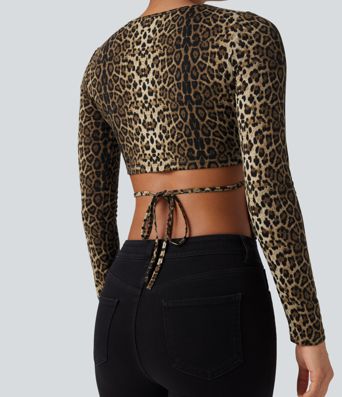 Round Neck Long Sleeve Tie Back Leopard Print Slim Casual Top