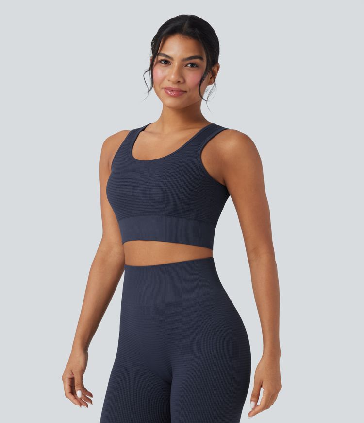 Seamless Flow Low Support U Neck Cropped Waffle Yoga Sports Bra
