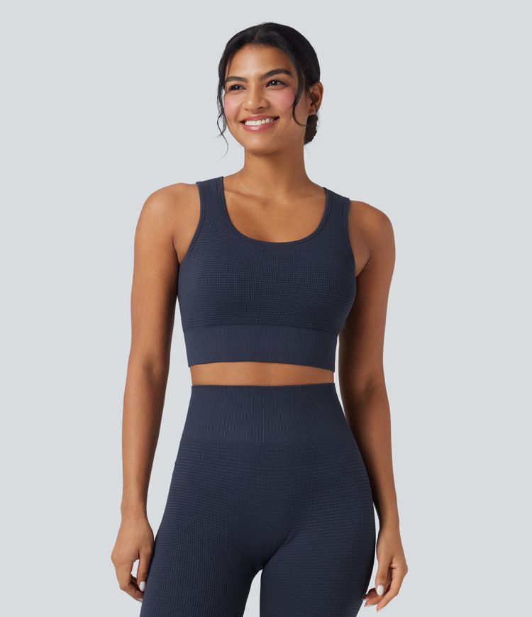 Seamless Flow Low Support U Neck Cropped Waffle Yoga Sports Bra