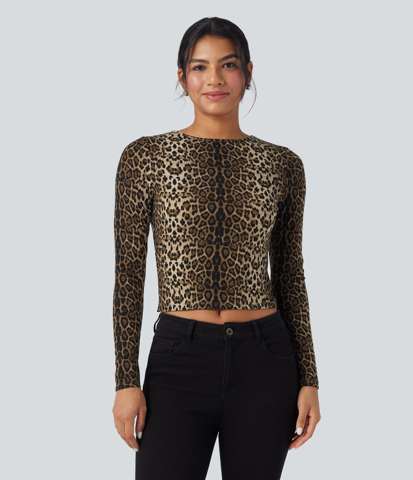 Round Neck Long Sleeve Tie Back Leopard Print Slim Casual Top