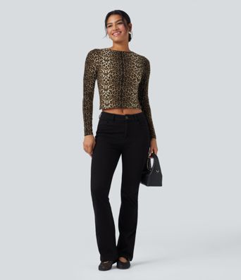 Round Neck Long Sleeve Tie Back Leopard Print Slim Casual Top