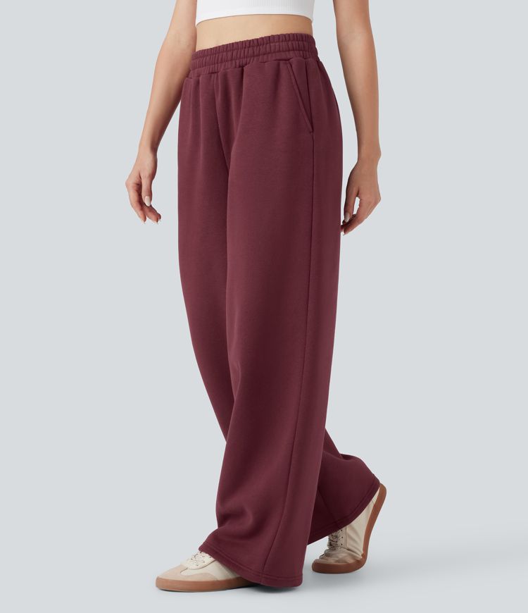 High-waisted Drawstring Fleece Casual Cotton Trousers with Pockets