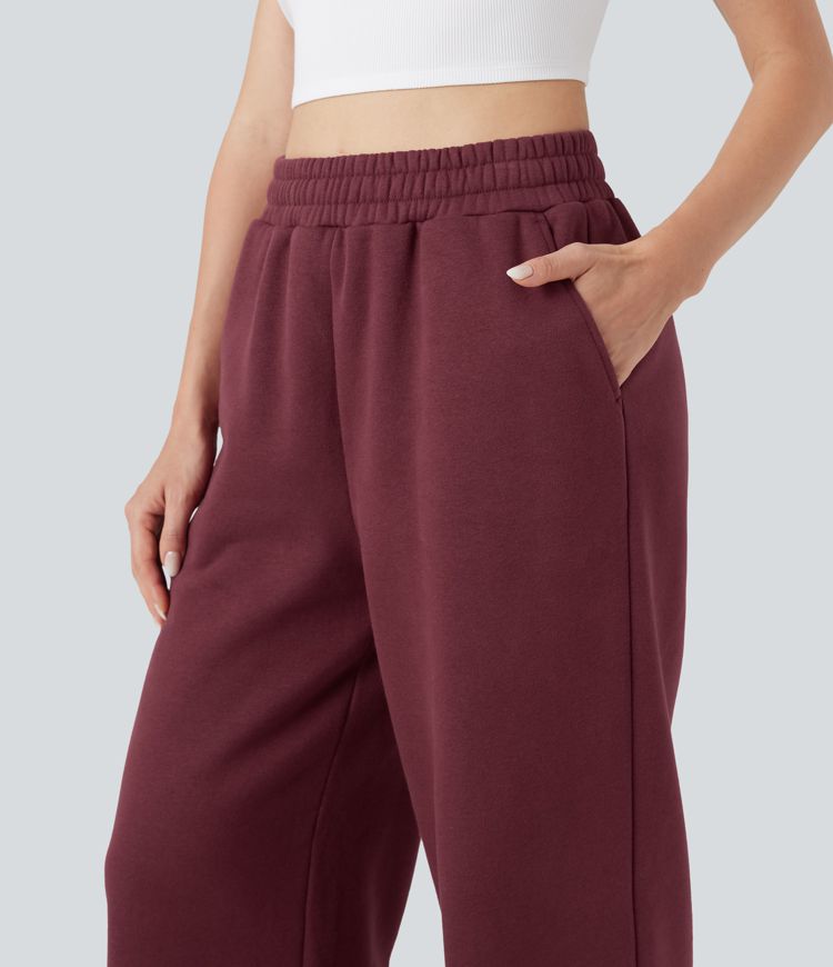High-waisted Drawstring Fleece Casual Cotton Trousers with Pockets