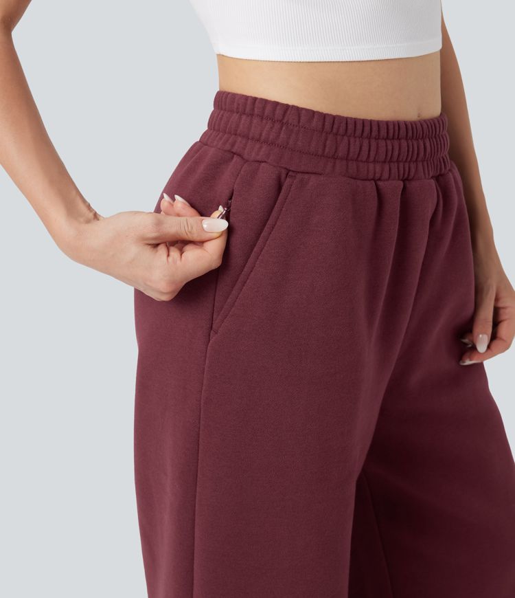High-waisted Drawstring Fleece Casual Cotton Trousers with Pockets