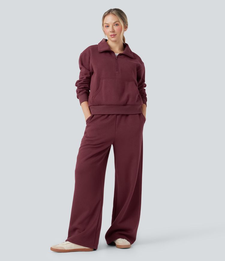 High-waisted Drawstring Fleece Casual Cotton Trousers with Pockets